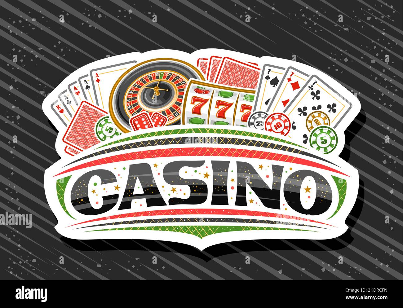 Vector logo for Casino, white sign board for gambling with illustration of european roulette wheel, colorful casino coins, poker four of a kind, red g Stock Vector