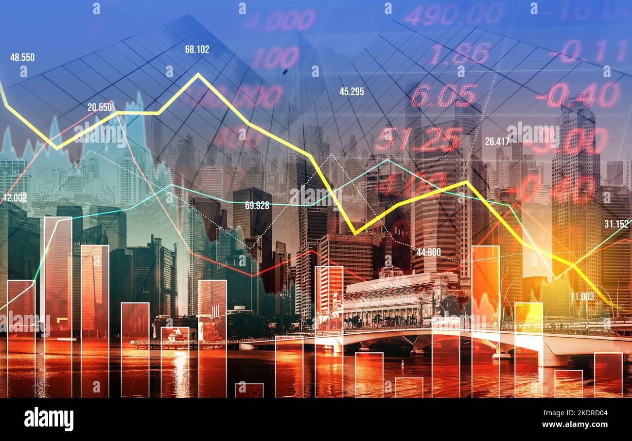The digital indicators and declining graphs of a stock market crash