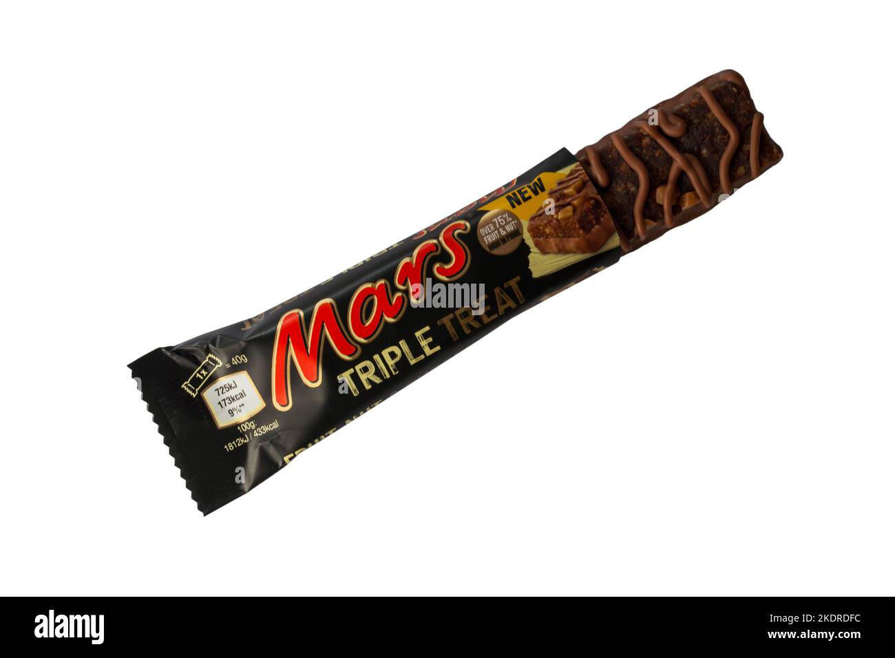 Bar of new Mars Triple Treat chocolate bar fruit, nut & chocolate opened to show contents isolated on white background Stock Photo