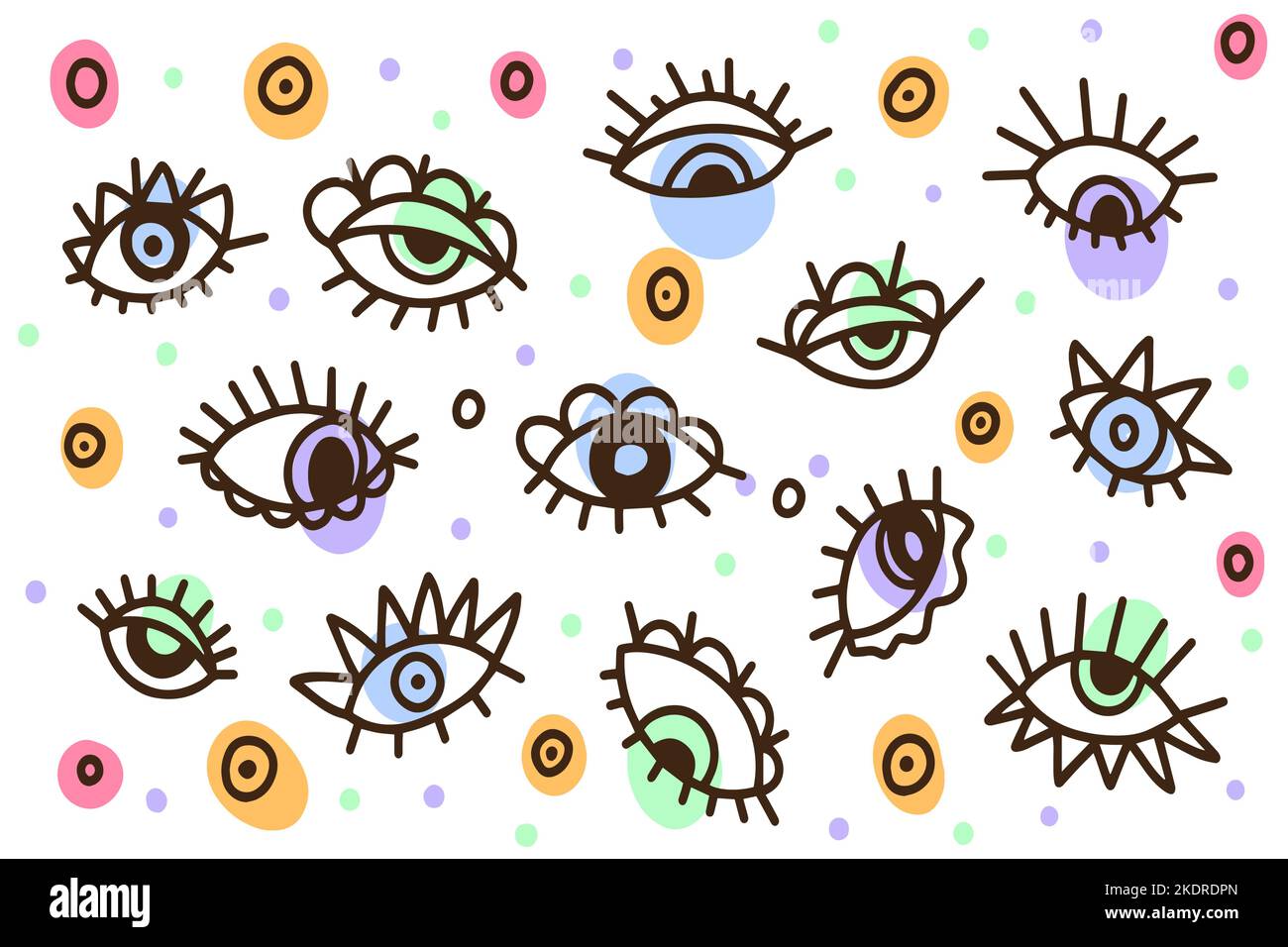 Doodle eyes background, hand drawn set of cute doodles for decoration on a white background Stock Vector