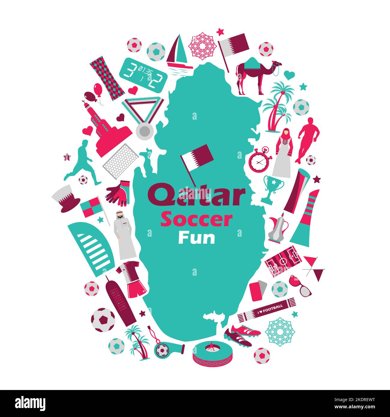 Football sports competition, Qatar tourist icon set. Doha background in