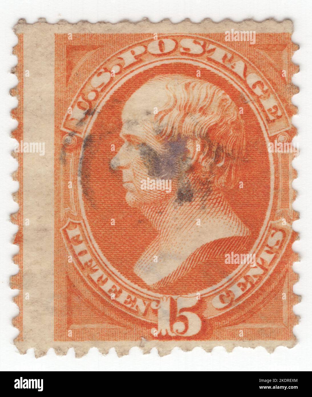 USA - 1870: An 15 cents bright orange postage stamp depicting portrait of Daniel Webster, American lawyer and statesman who represented New Hampshire and Massachusetts in the U.S. Congress and served as the U.S. Secretary of State under Presidents William Henry Harrison, John Tyler, and Millard Fillmore. Webster was one of the most prominent American lawyers of the 19th century, and argued over 200 cases before the U.S. Supreme Court between 1814 and his death in 1852. During his life, he was a member of the Federalist Party, the National Republican Party, and the Whig Party Stock Photo