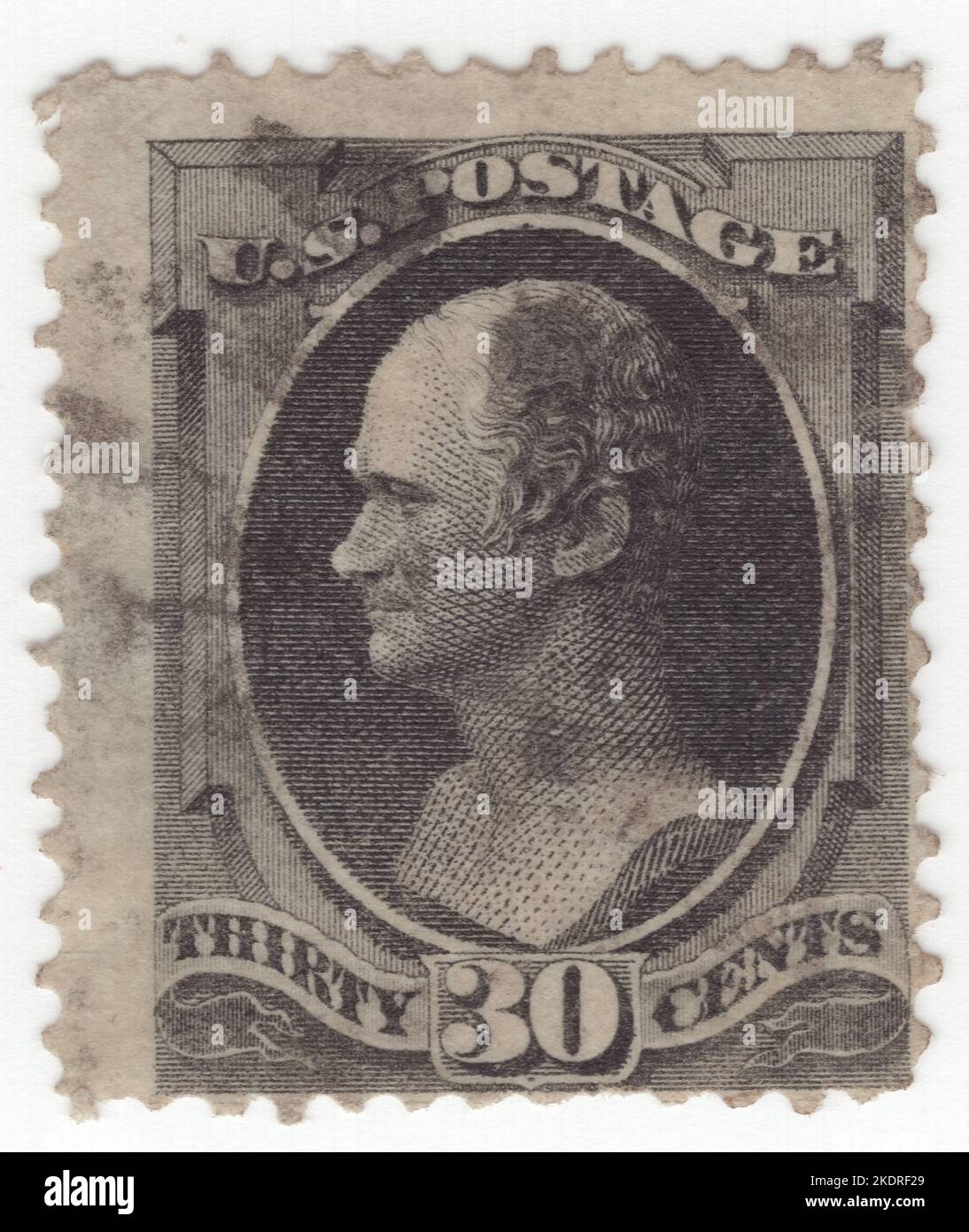 USA - 1873: An 30 cents grey-black postage stamp depicting portrait of Alexander Hamilton, American revolutionary, statesman and Founding Father of the United States. He was an influential interpreter and promoter of the U.S. Constitution, and was the founder of the Federalist Party, the nation's financial system, the United States Coast Guard, and the New York Post newspaper. As the first secretary of the treasury, Hamilton was the main author of the economic policies of the administration of President George Washington Stock Photo