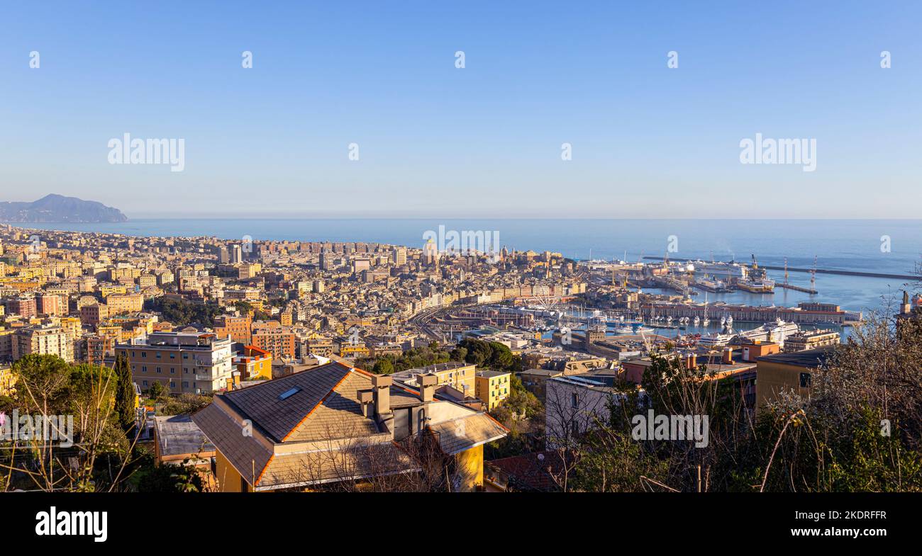 Genoa View Panoramic view of Genoa in a sunny day with the causeway and the ...