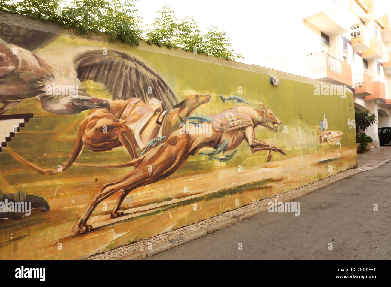 A mural of two greyhounds and an eagle chasing a power boat on a wall in old town, Lagos, Algarve, Portugal Stock Photo