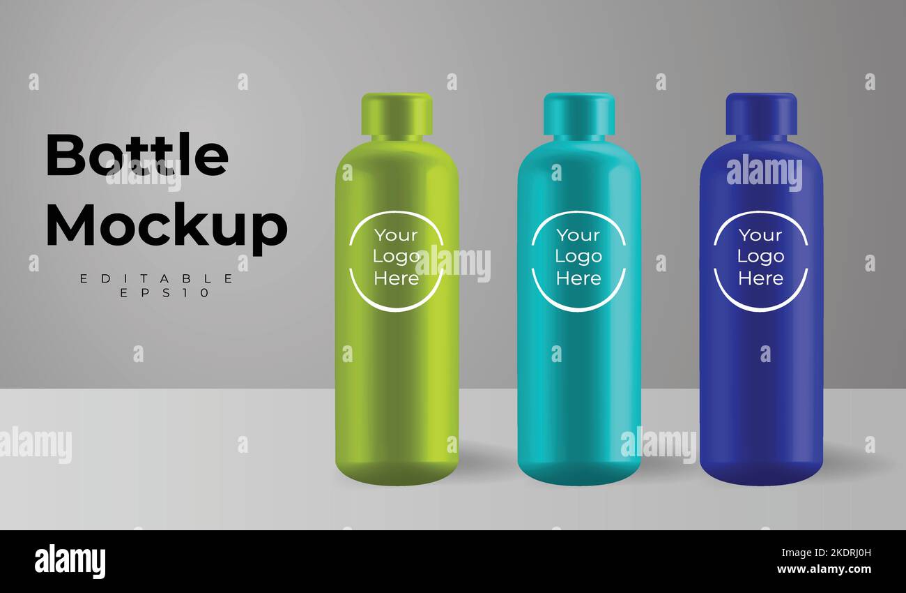 Design template of packaging mockup, realistic 3d green, light blue and dark blue empty glossy metal reusable water colorful bottle. Stock Vector