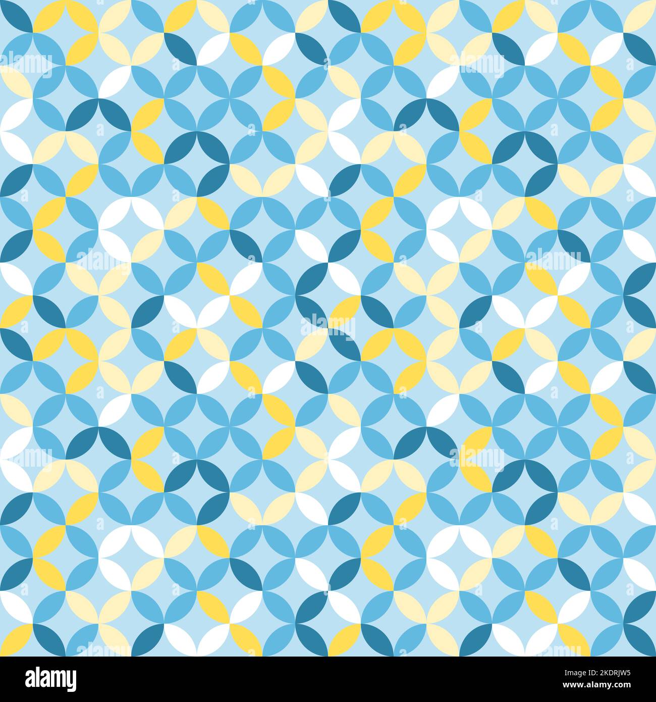 Blue geometric pattern. Interconnecting circles and ovals abstract retro fashion texture. Seamless pattern. Blue, white and yellow. Stock Vector