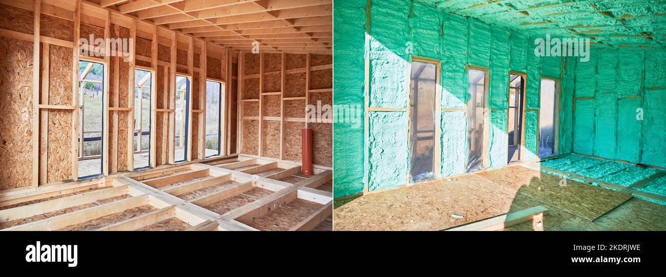 Photo collage before and after thermal insulation room in wooden frame house in Scandinavian style barnhouse. Comparison of walls sprayed by polyurethane foam. Construction and insulation concept. Stock Photo
