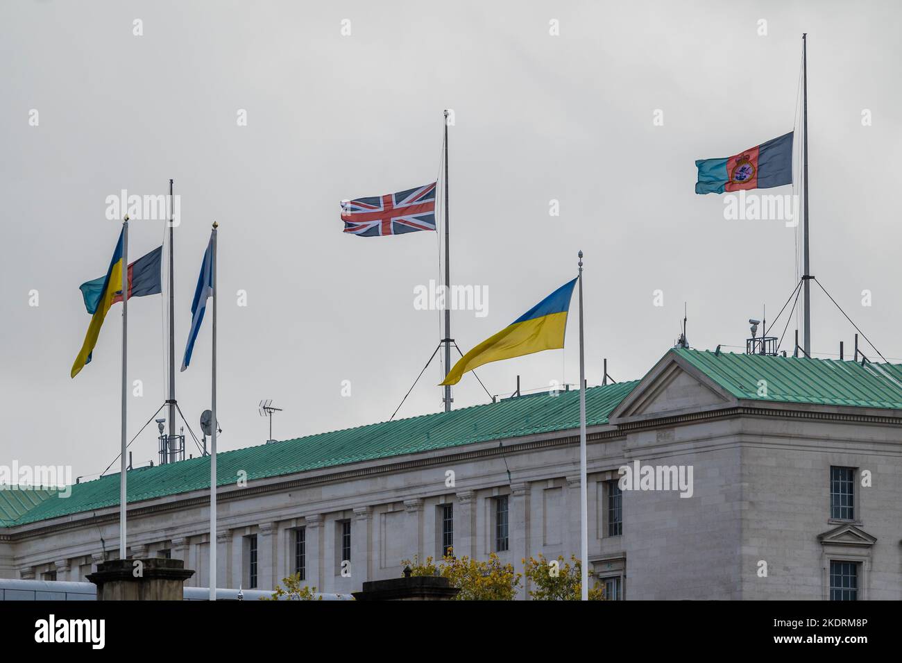 London, UK. 8th Nov, 2022. Flags are flown at Half Mast over military