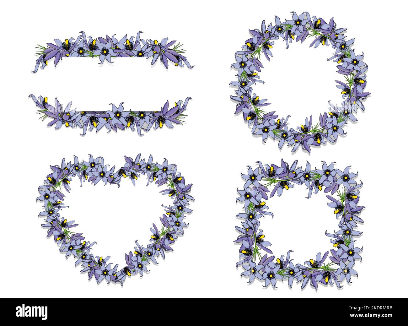 Elegant hand drawn floral wreaths set. Doodle pasque flower frames Stock Vector