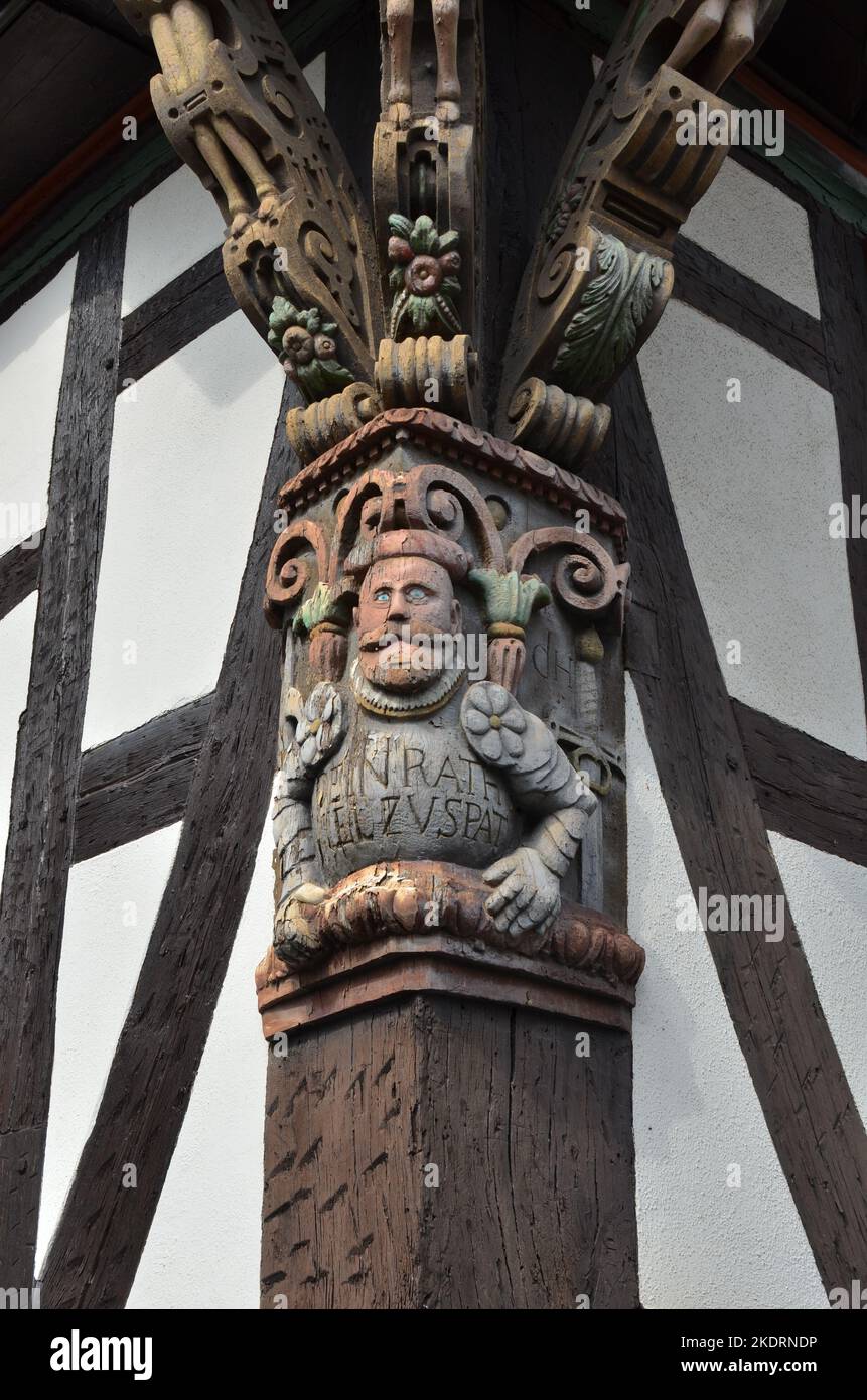 Old Fachwerk House with beautiful carved Beam  Stock Photo
