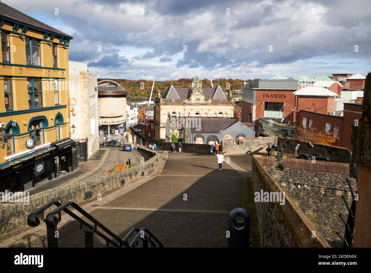 looking along derrys walls at ferryquay gate and market street on the inside of the walls derry londonderry northern ireland uk Stock Photo