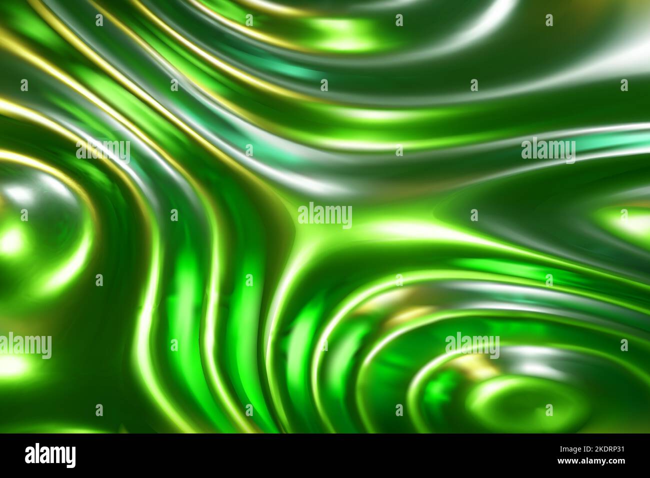 Green liquid molten metal abstract wavy background with light reflects ...