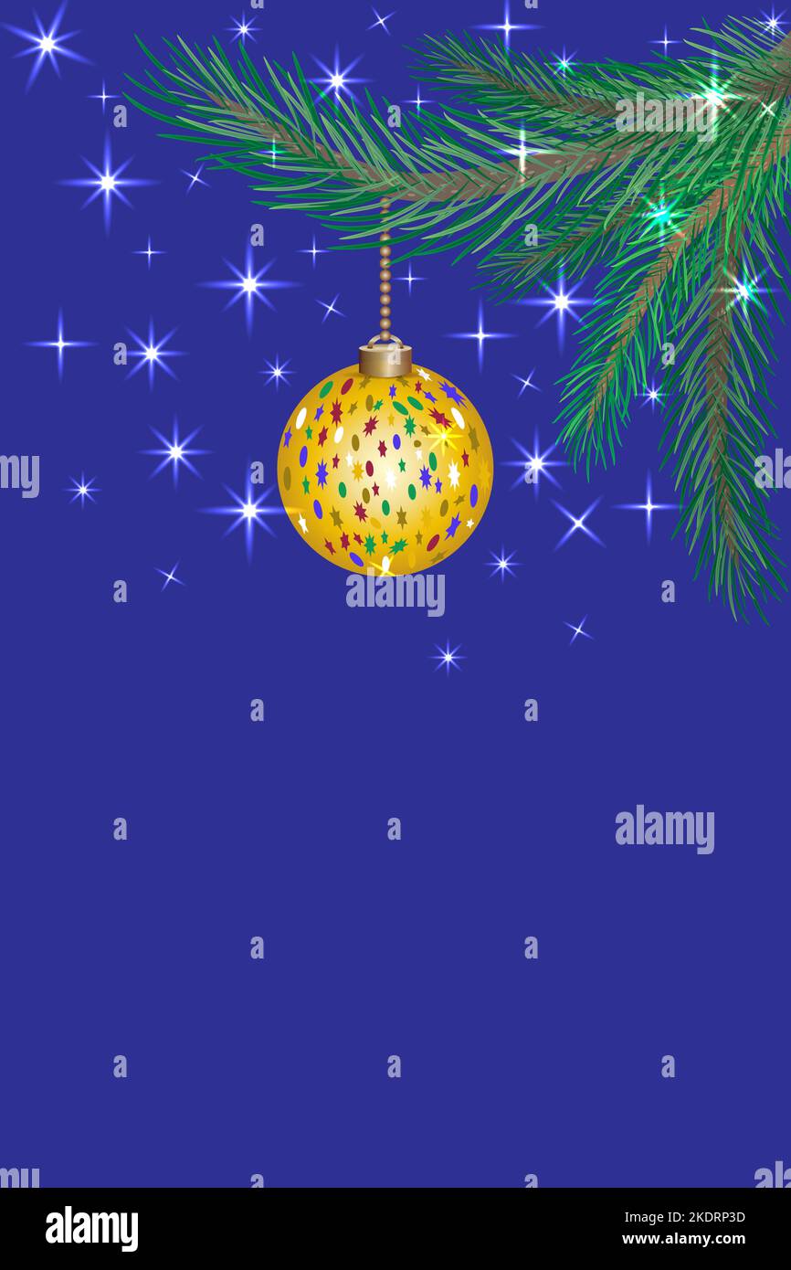 Vector drawing of a Christmas vertical card. A bright yellow ball adorns a fir branch on a dark blue background. Stock Vector