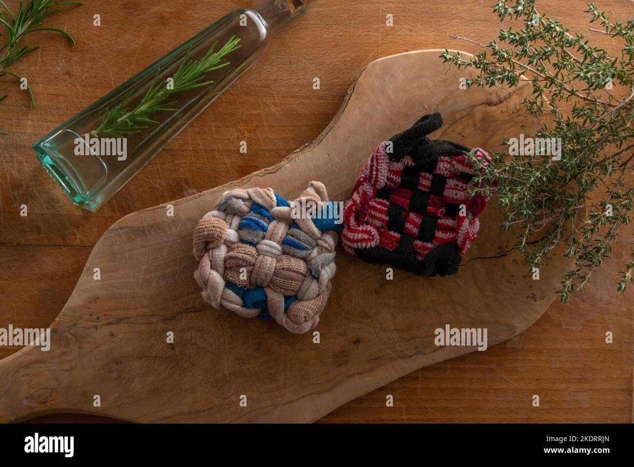 Zero waste kitchen with recycled glass bottle ,home made tawashi , for