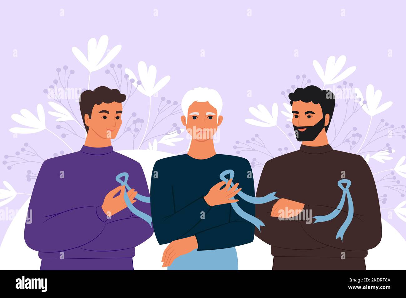 Group of young men with blue ribbons, symbol of prostate cancer