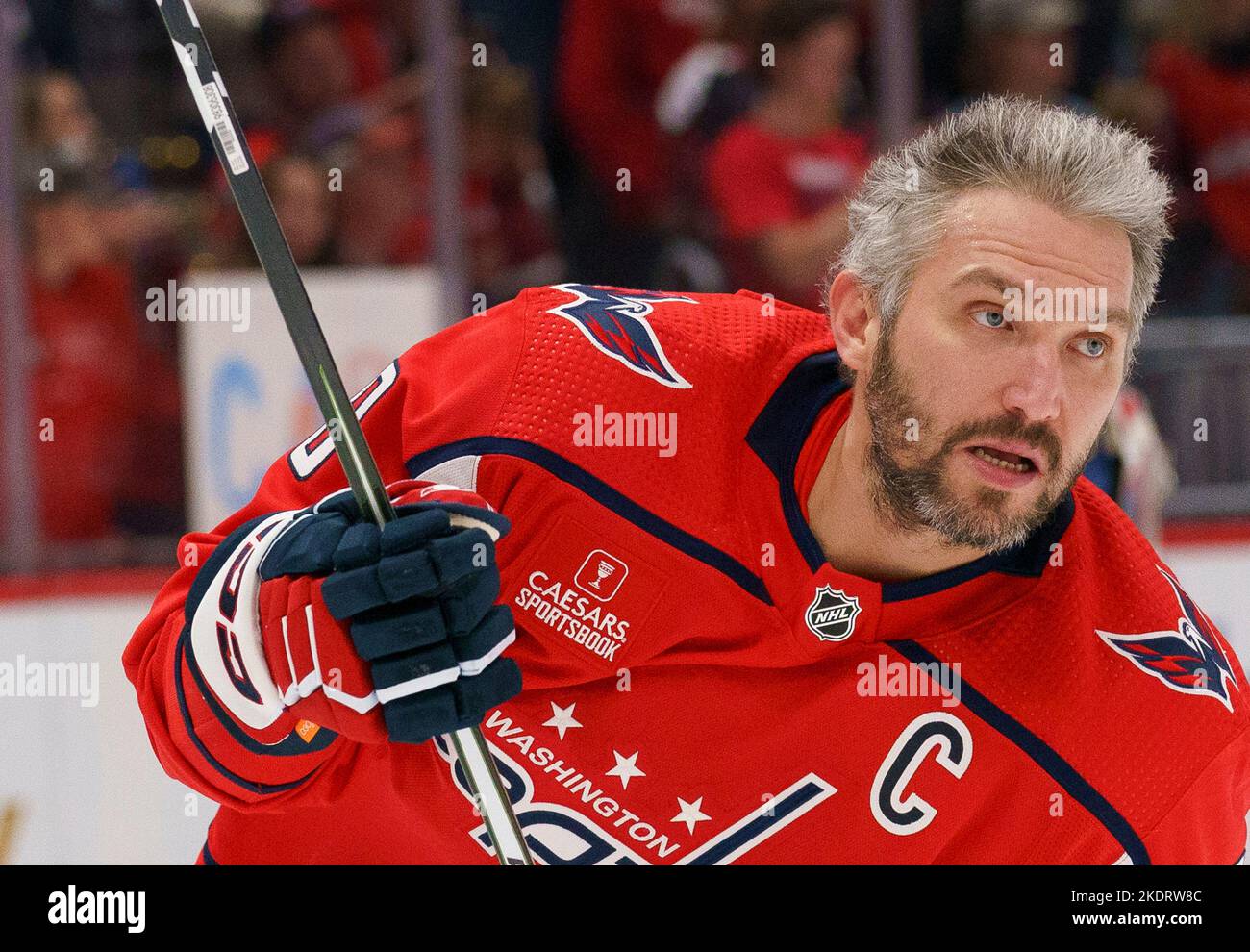 Russian ice hockey star AlexAlex Ovechkin skates before a game Stock Photo