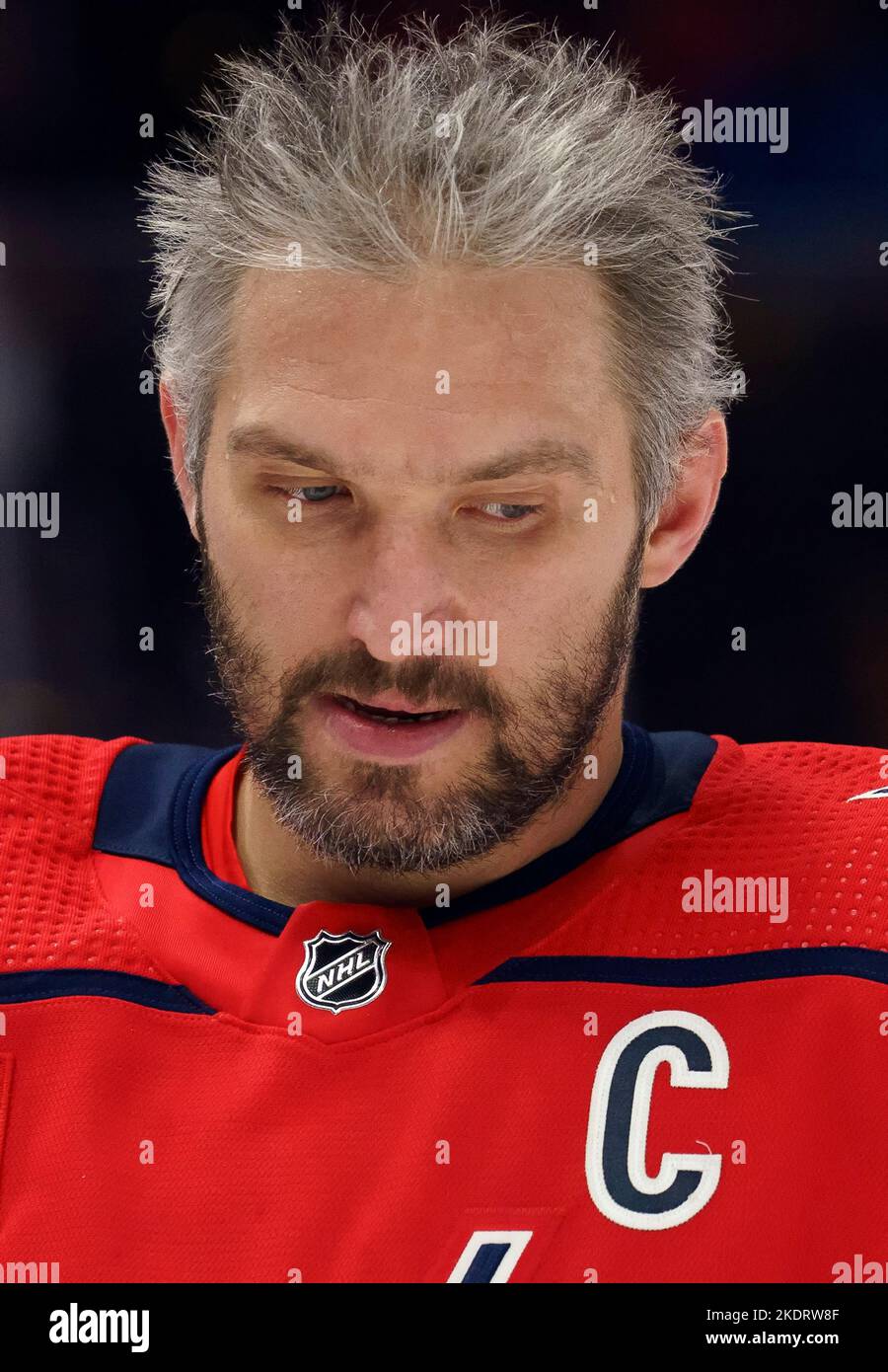 Russian ice hockey star AlexAlex Ovechkin skates before a game Stock Photo