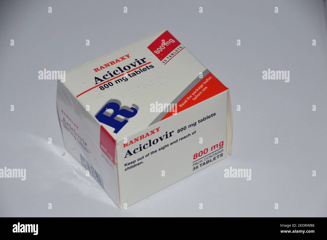 A Box of 35, 800mg Aciclovir Tablets made by Banbaxy an Antiviral Medication Prescribed for Herpes Simplex Virus Infections, (Chickenpox & Shingles) Stock Photo