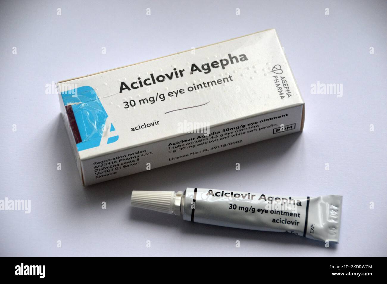 Aciclovir Agepha Eye Ointment made by Agepha Pharma an Antiviral Medication Prescribed for Herpes Simplex Virus Infections, (Chickenpox & Shingles) Stock Photo