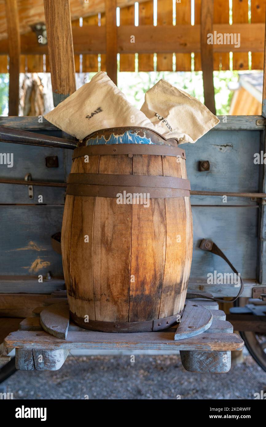 Genoa, NV, USA. 2022-09-17. Barrel with food items for sale, on display at the the Mormon Station Historic Park, state monument Stock Photo