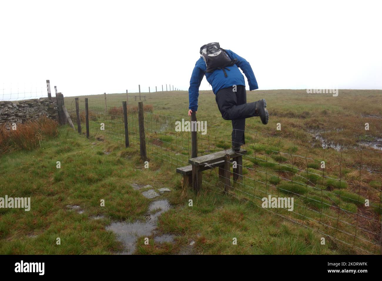 Man Climbing Wooden Stile over Wire Fence near the Summit of Great Knoutberry Hill in the Yorkshire Dales National Park, North Yorkshire, England, UK. Stock Photo