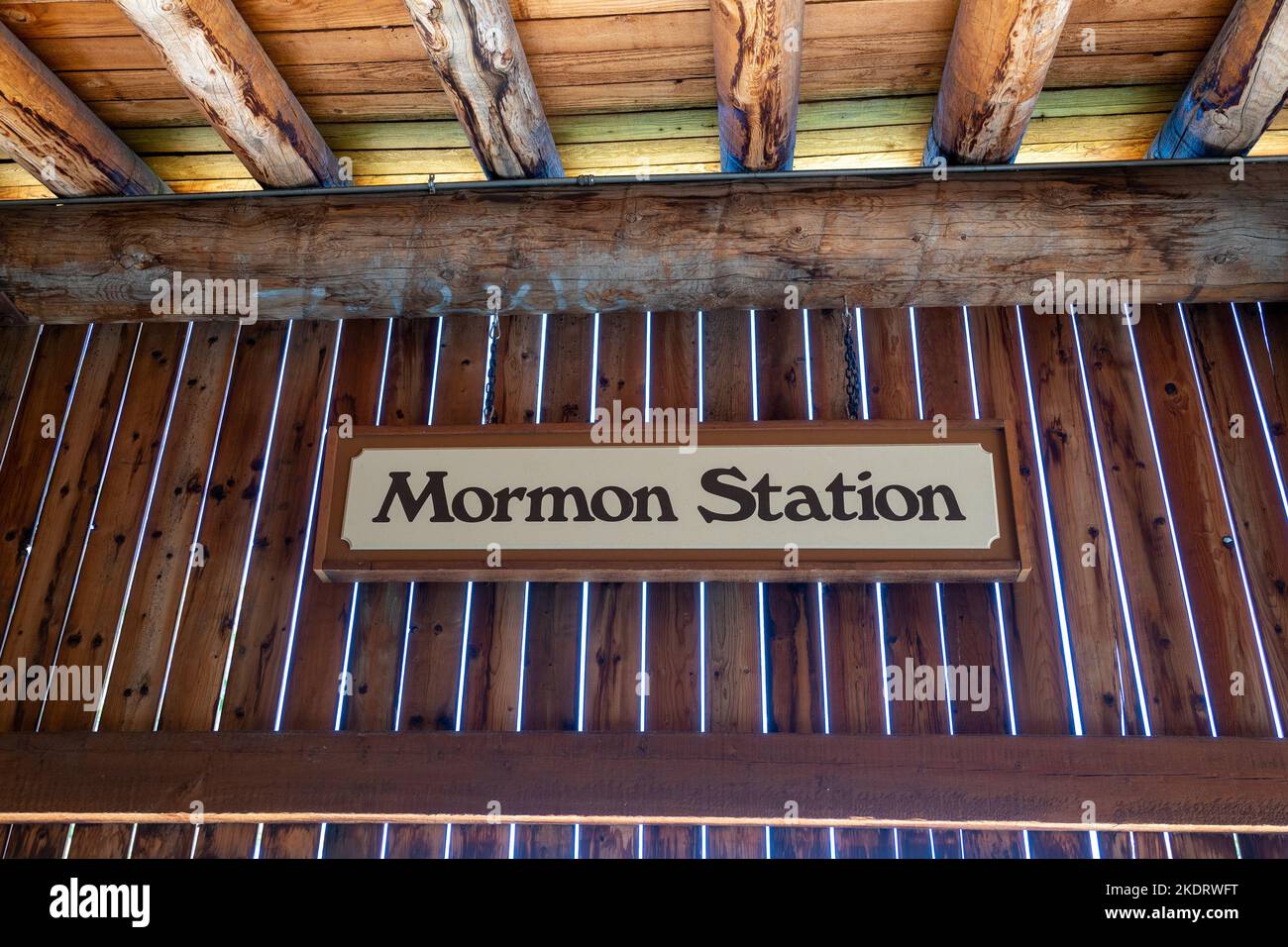 Genoa, NV, USA. 2022-09-17. Indoor Mormon Station sign, Mormon Station Historic Park, state monument Stock Photo