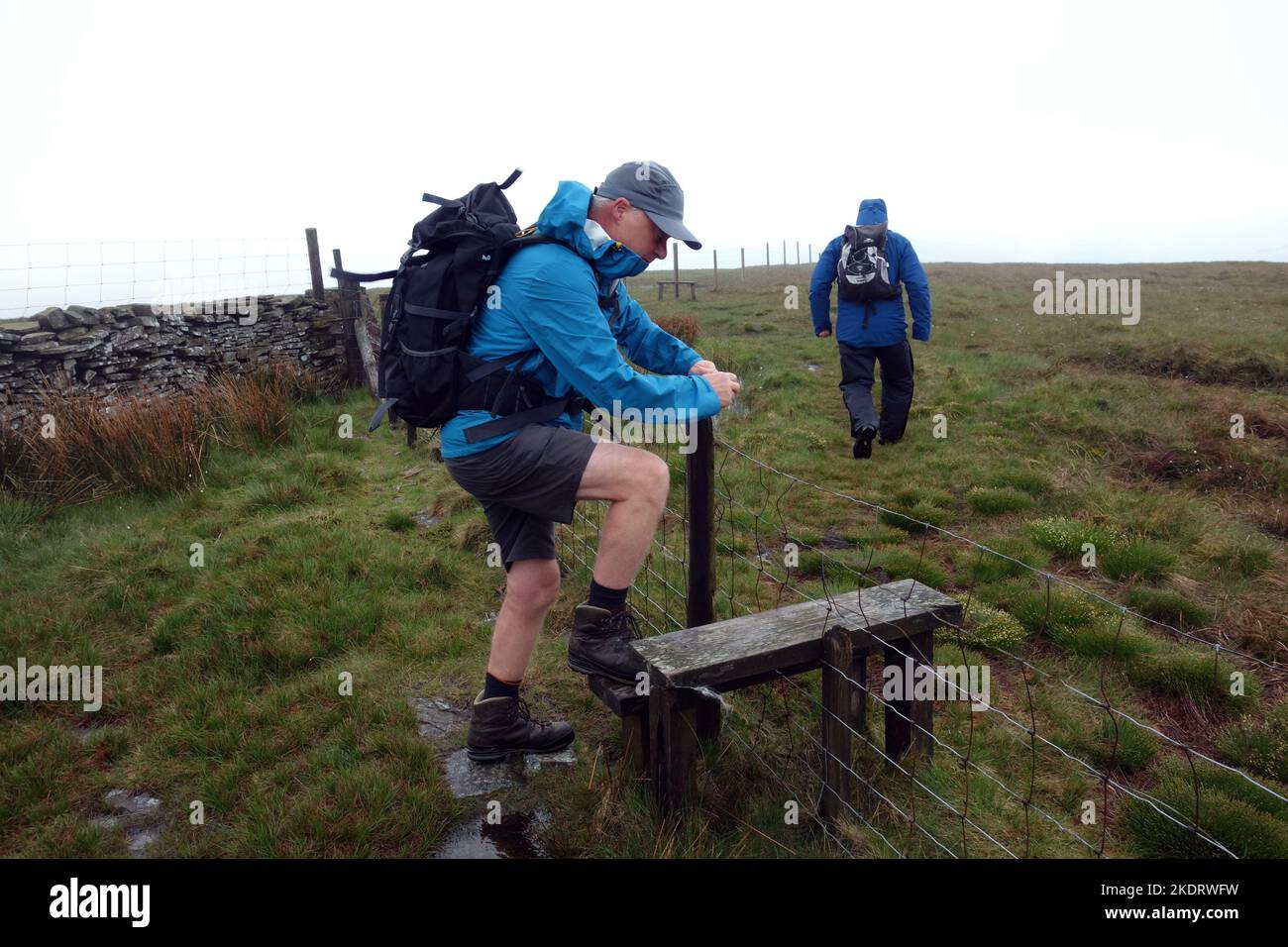 Man Climbing Wooden Stile over Wire Fence near the Summit of Great Knoutberry Hill in the Yorkshire Dales National Park, North Yorkshire, England, UK. Stock Photo