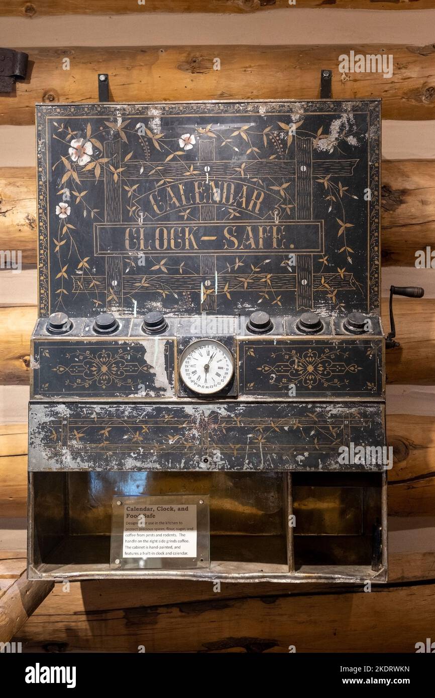 Genoa, NV, USA. 2022-09-17. Calendar clock and food safe, on display at the Mormon Station Historic Park, state monument Stock Photo