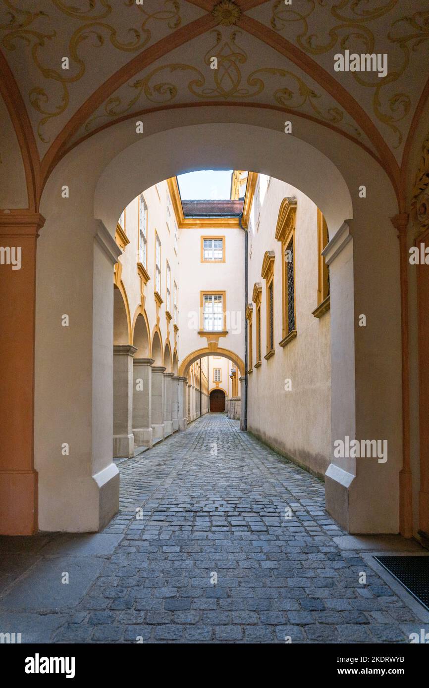 Melk, Austria - 22 September, 2022: hallway in the cloister courtyard of the Melk Abbey in Austria Stock Photo