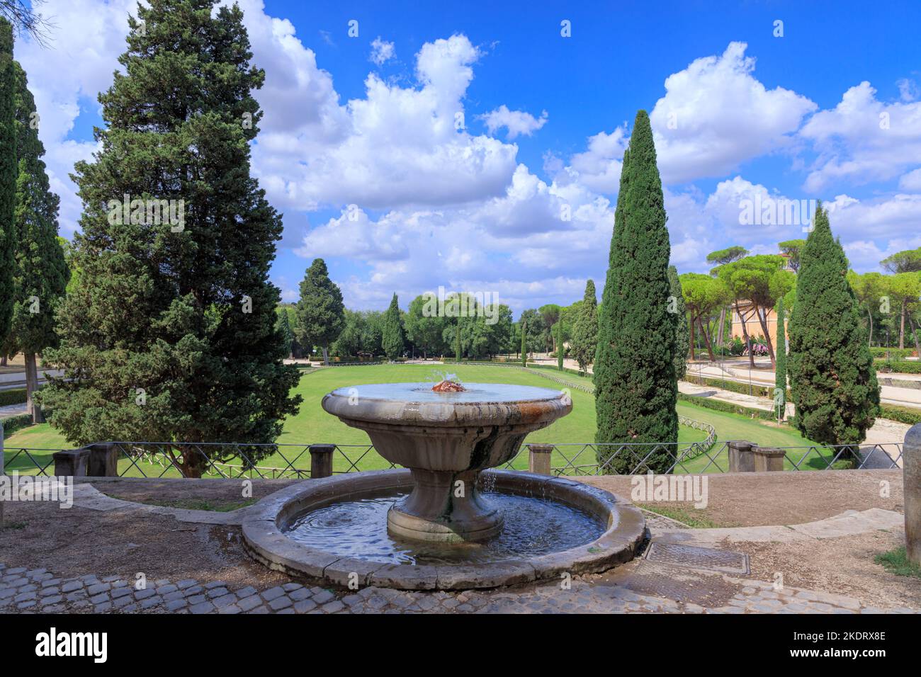 Villa borghese Garden in Rome, Italy: view of Puppet Fountain with Piazza di Siena in the background. Stock Photo