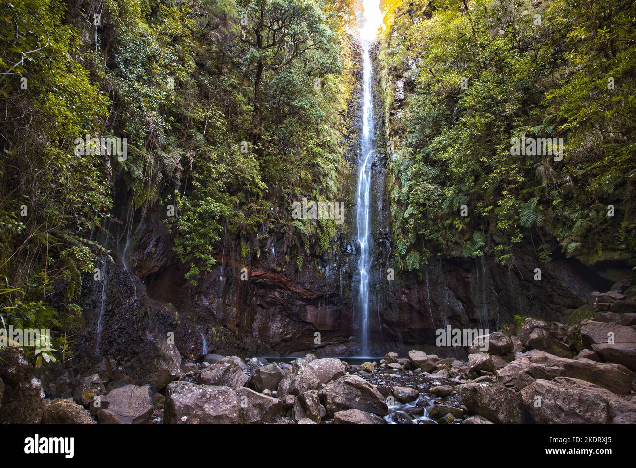 Levada 25 Fontes and Risco waterfall in Rabacal, Madeira Island, Portugal. Stock Photo