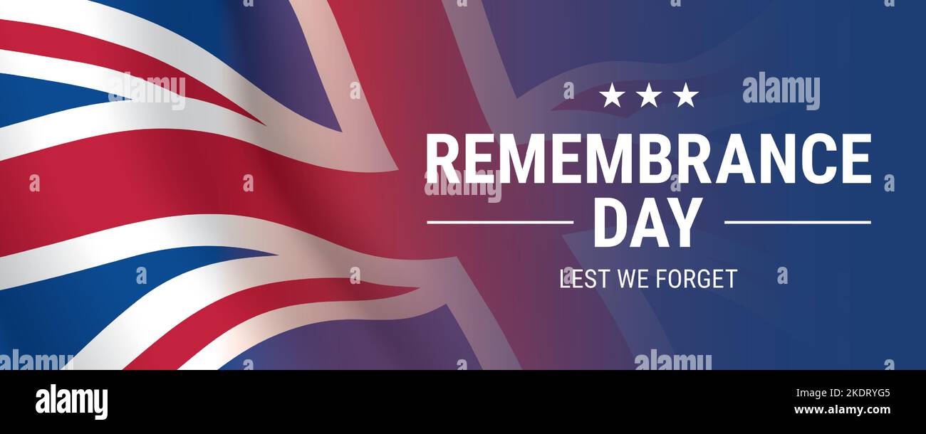 Remembrance Day horizontal banner vector design, with waving UK flag background and Lest We Forget memorial slogan. Stock Vector