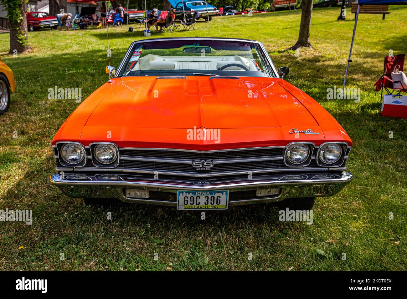Des Moines, IA - July 02, 2022: High perspective front view of a 1969 Chevrolet Chevelle SS Convertible at a local car show. Stock Photo