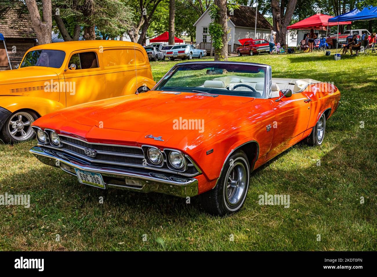 Des Moines, IA - July 02, 2022: High perspective front corner view of a 1969 Chevrolet Chevelle SS Convertible at a local car show. Stock Photo