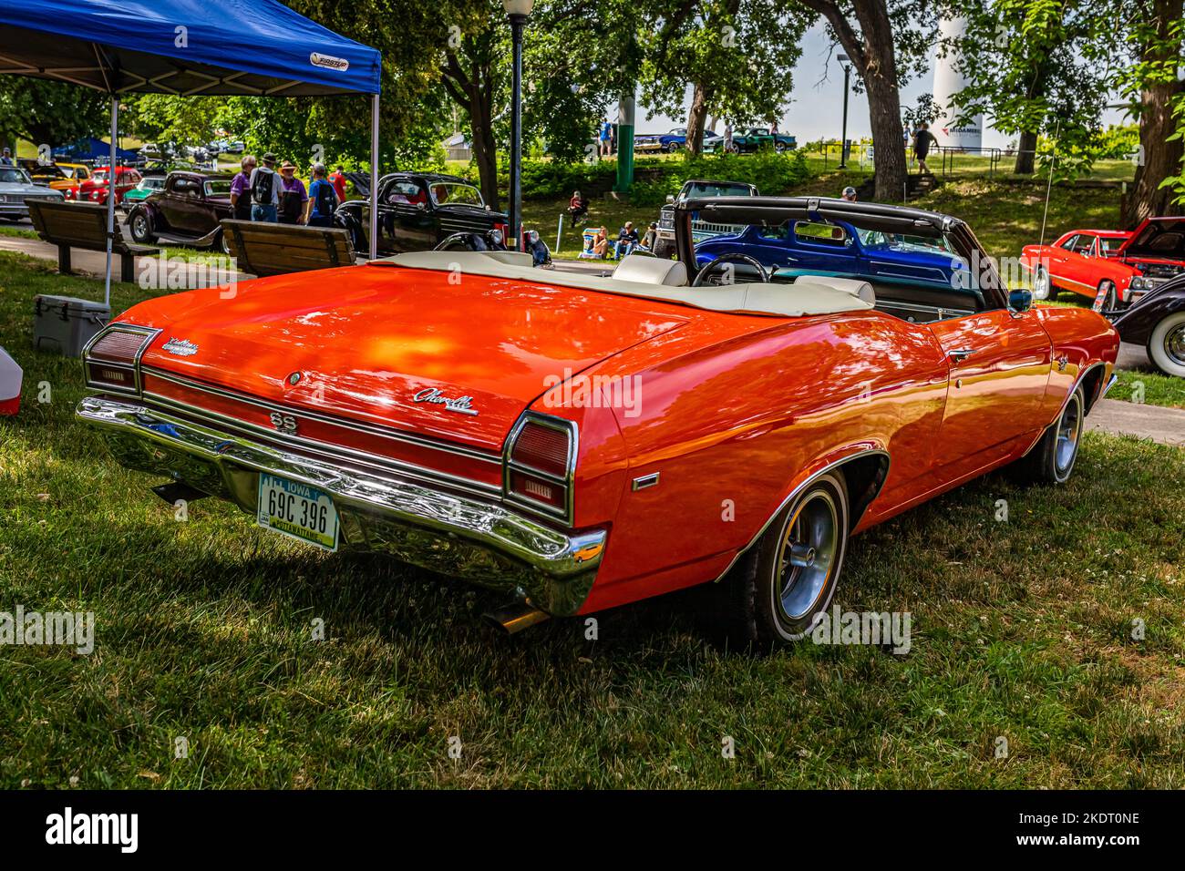 Des Moines, IA - July 02, 2022: High perspective rear corner view of a 1969 Chevrolet Chevelle SS Convertible at a local car show. Stock Photo