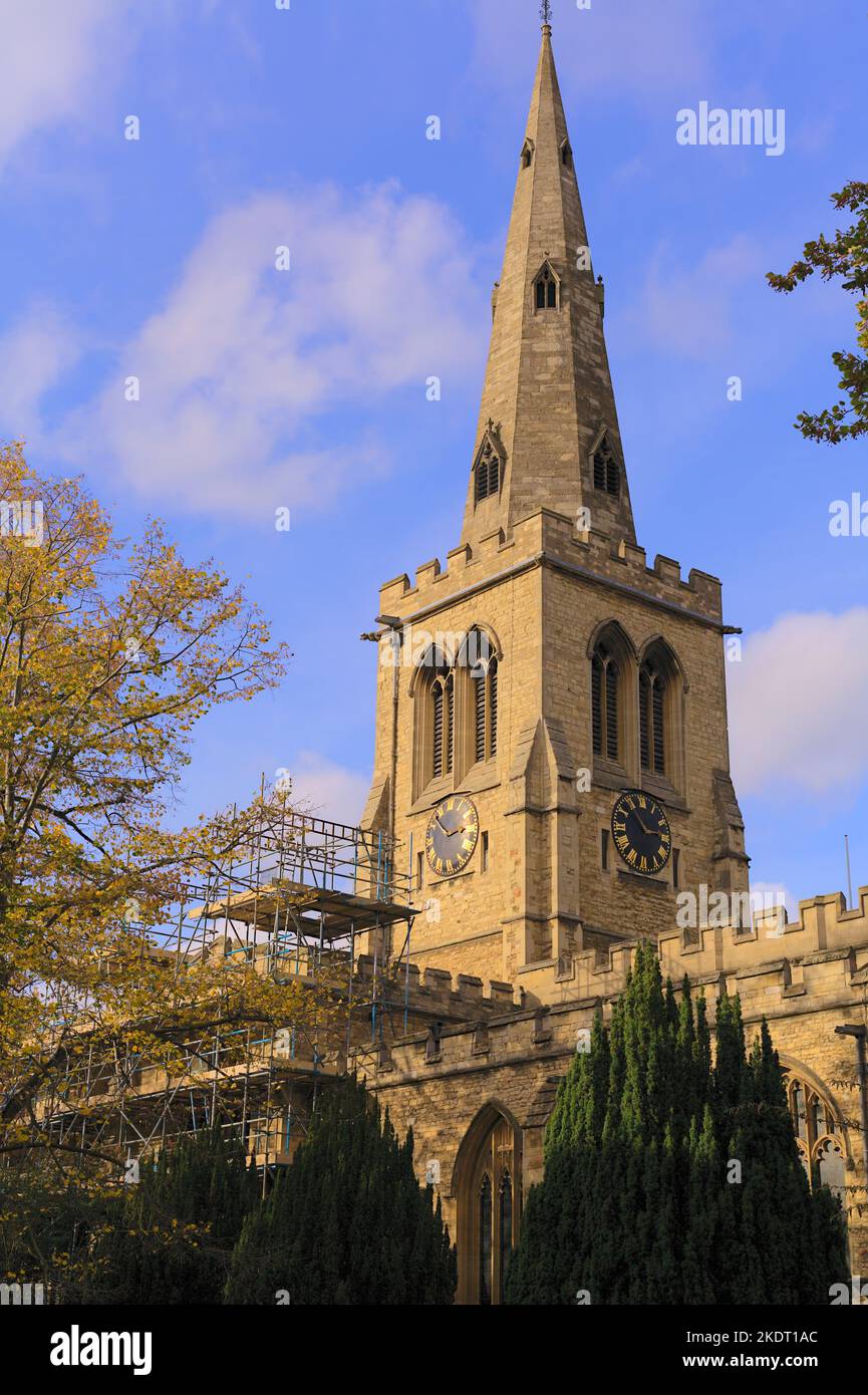 The tower and spire of St Paul's Church Bedford glowing in afternoon sun Stock Photo