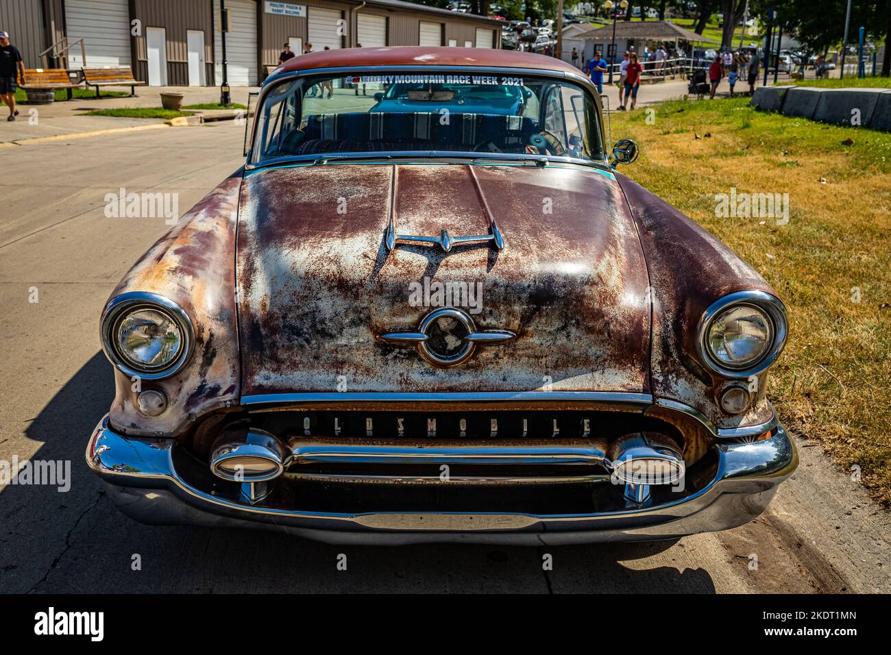 Des Moines, IA - July 02, 2022: High perspective front view of a 1955 Oldsmobile Holiday 88 2 Door Hardtop at a local car show. Stock Photo