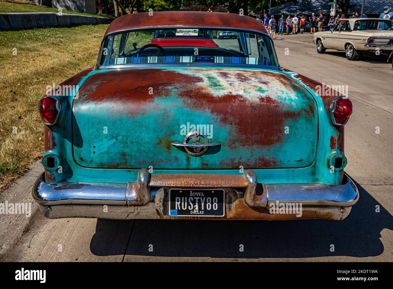 Des Moines, IA - July 02, 2022: High perspective rear view of a 1955 Oldsmobile Holiday 88 2 Door Hardtop at a local car show. Stock Photo