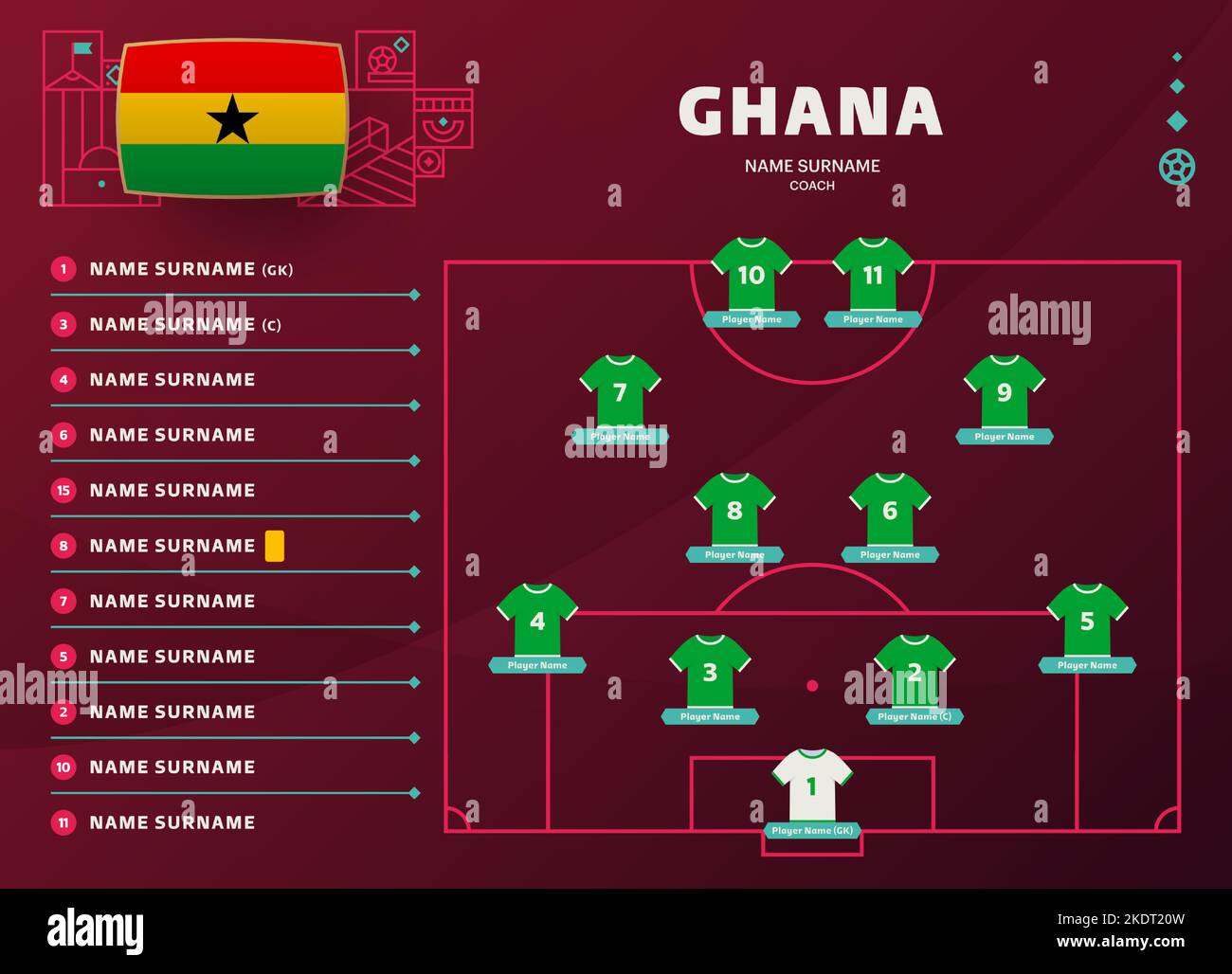 ghana line-up world Football 2022 tournament final stage vector illustration. Country team lineup table and Team Formation on Football Field. soccer t Stock Vector