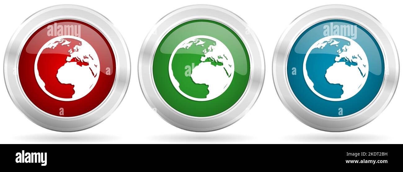 Earth vector icon set. Red, blue and green silver metallic web buttons ...