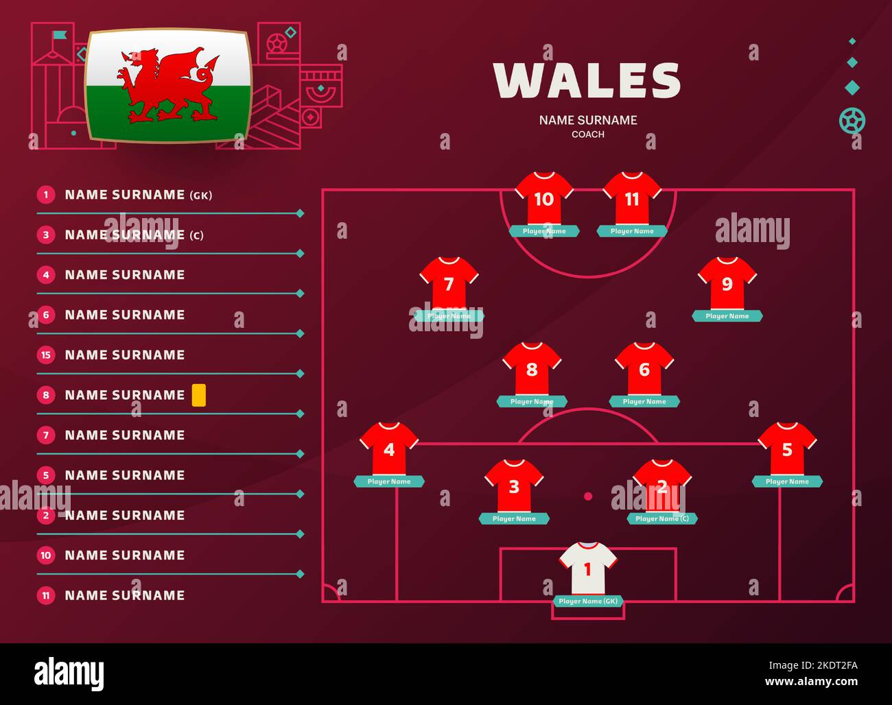 wales line-up world Football 2022 tournament final stage vector illustration. Country team lineup table and Team Formation on Football Field. soccer t Stock Vector