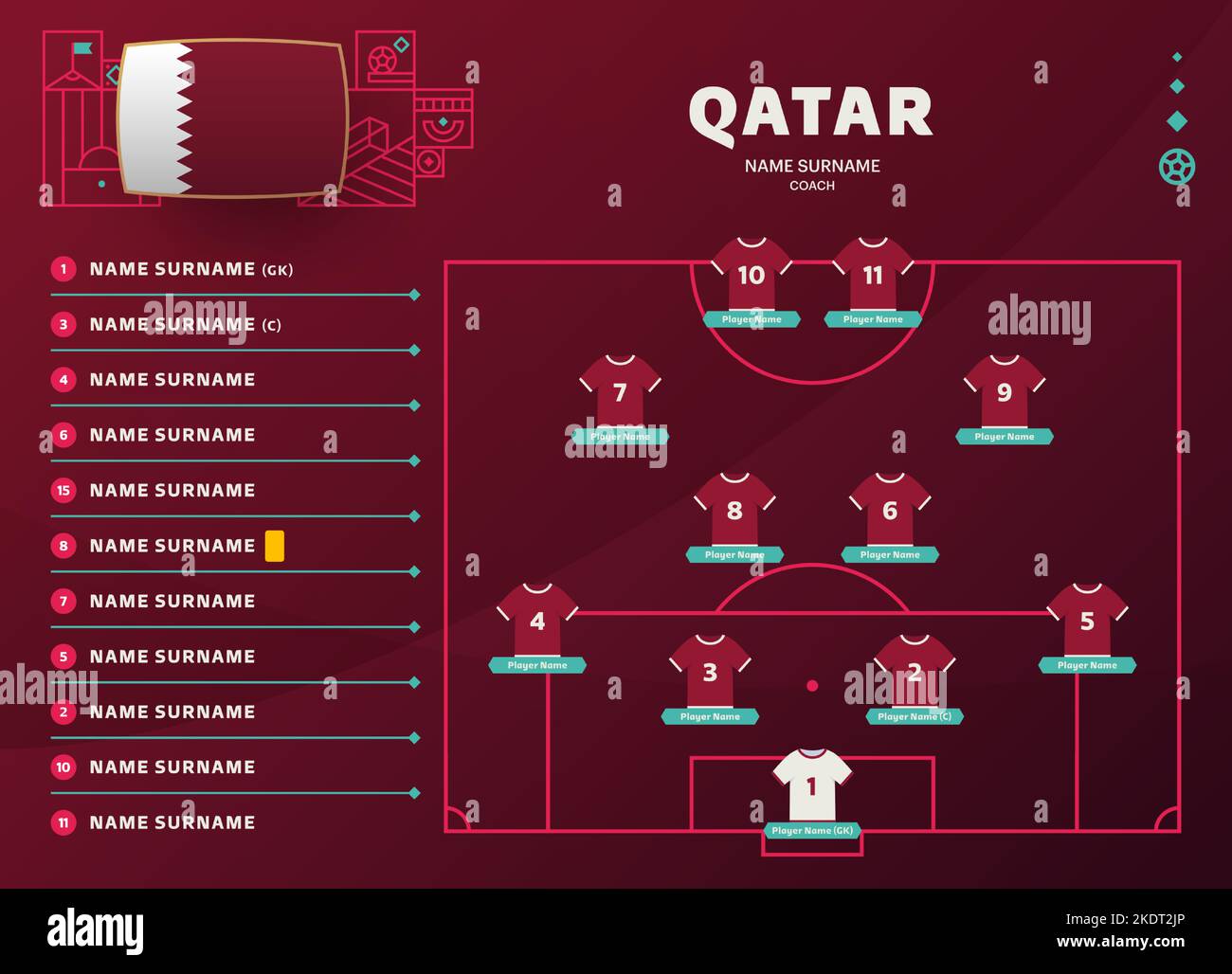 qatar line-up world Football 22 tournament final stage vector illustration. Country team lineup table and Team Formation on Football Field. soccer tou Stock Vector