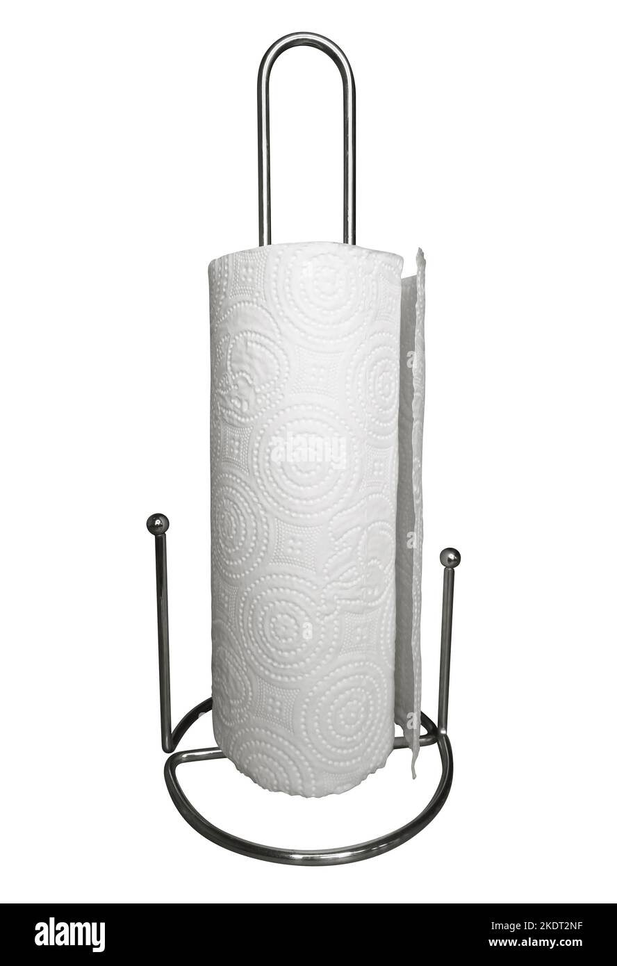 Roll of paper towels in a metal holder. Isolated on white. Clipping