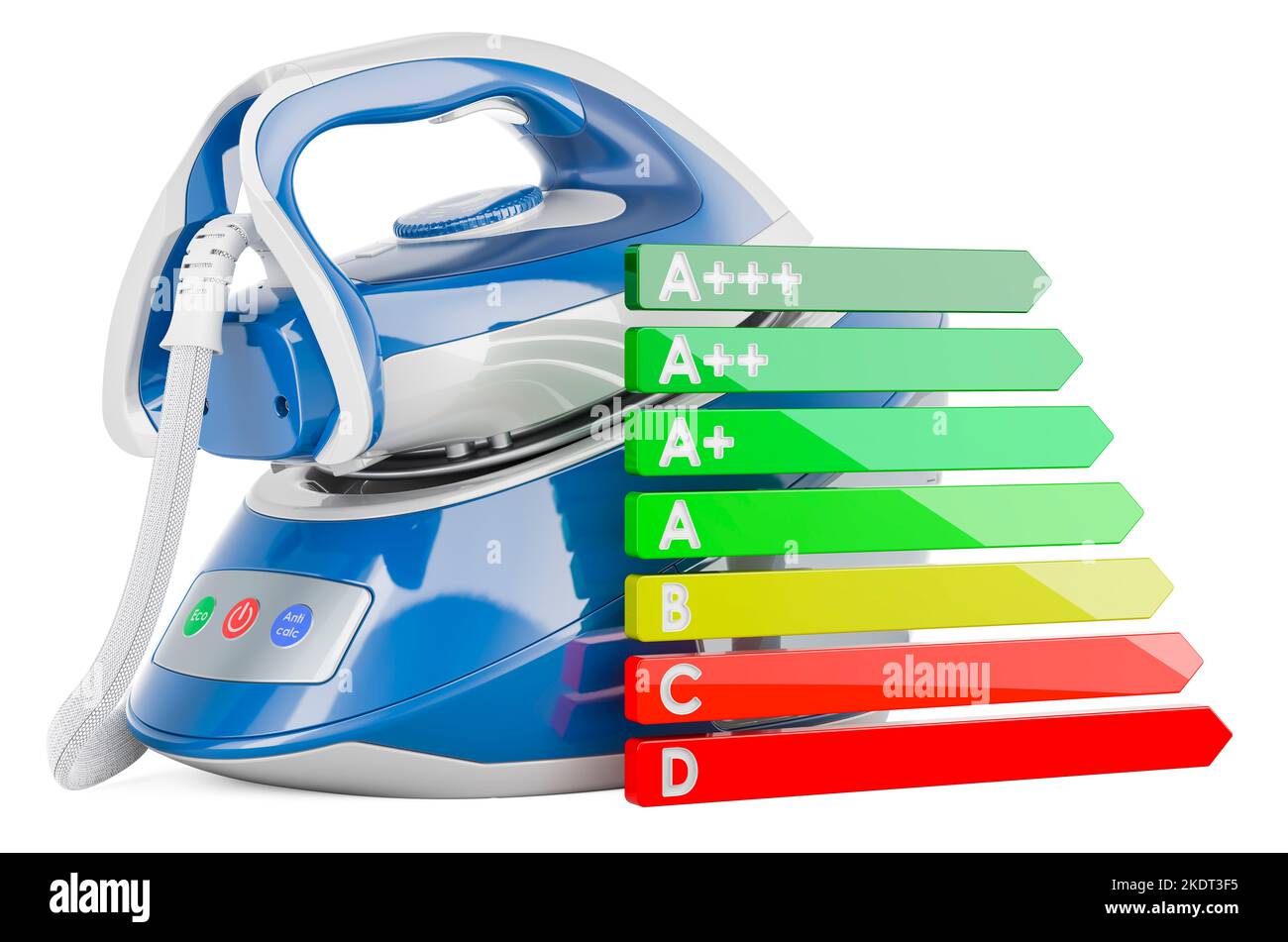 Steam generator iron with energy efficiency chart, 3D rendering