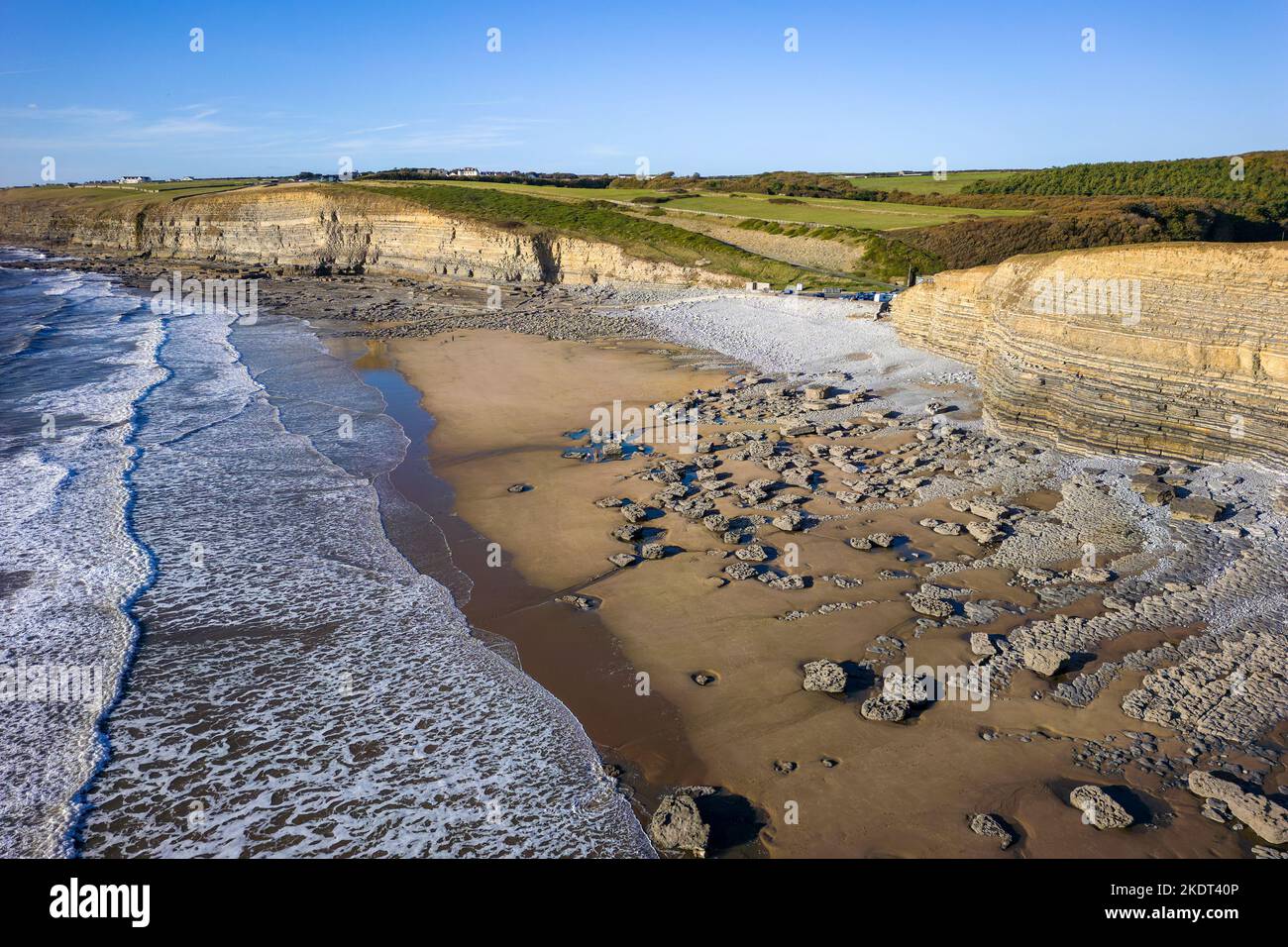 Aerial view of the limestone cliffs and beach at Southerndown and Dunraven Bay in Glamorgan, Wales Stock Photo