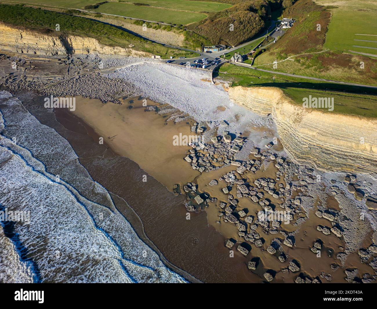 Aerial view of Southerndown and Dunraven Bay on the Bristol Channel, Vale of Glamorgan, Wales Stock Photo