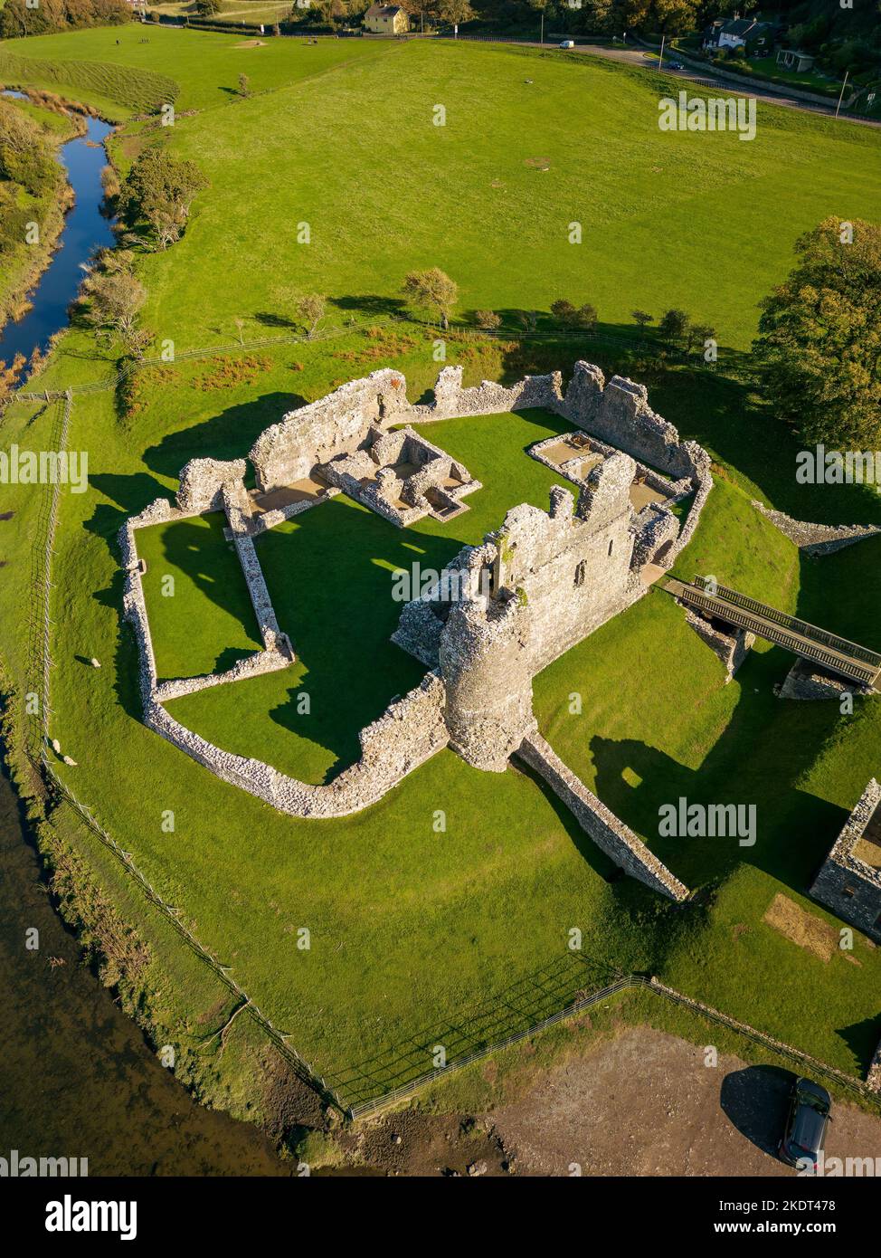Aerial view of the ruins of the 12th century Ogmore Castle, Glamorgan, Wales Stock Photo