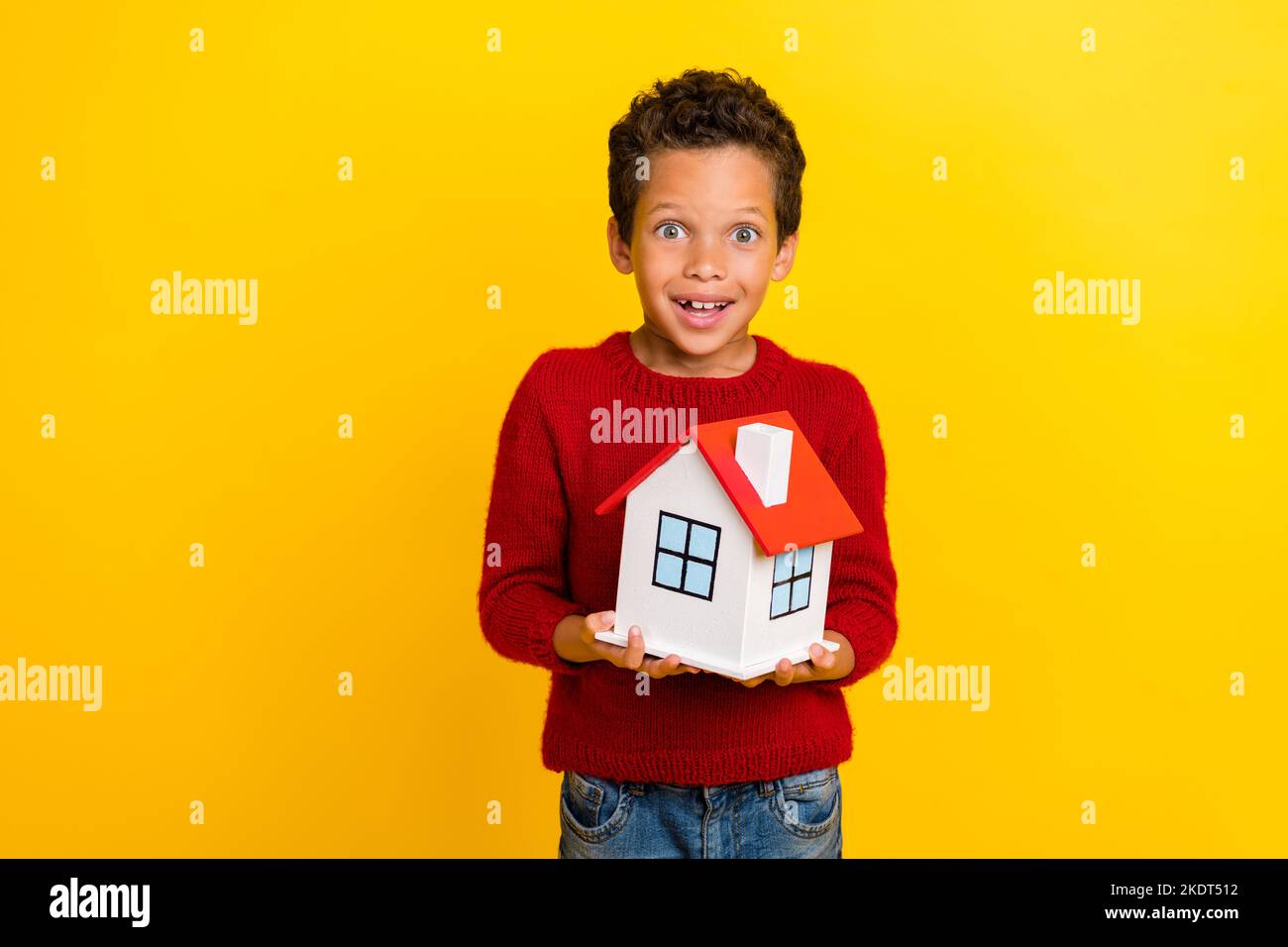 Photo portrait of charming small boy hold mini house buy property dressed stylish red knitted garment isolated on yellow color background Stock Photo