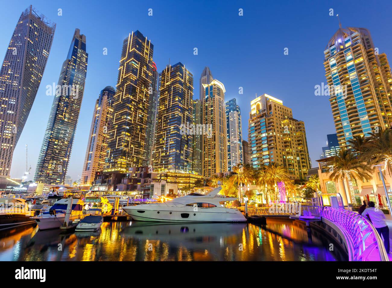 Dubai, United Arab Emirates - May 24, 2021: Dubai Marina Yacht Harbour Skyline Architecture Vacation By Night Panorama In Dubai, United Arab Emirates. Stock Photo
